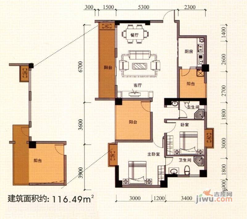 三江名都2室2厅2卫116.5㎡户型图