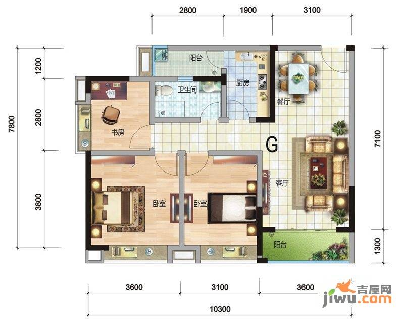 天赐中央银座2室2厅1卫100.3㎡户型图