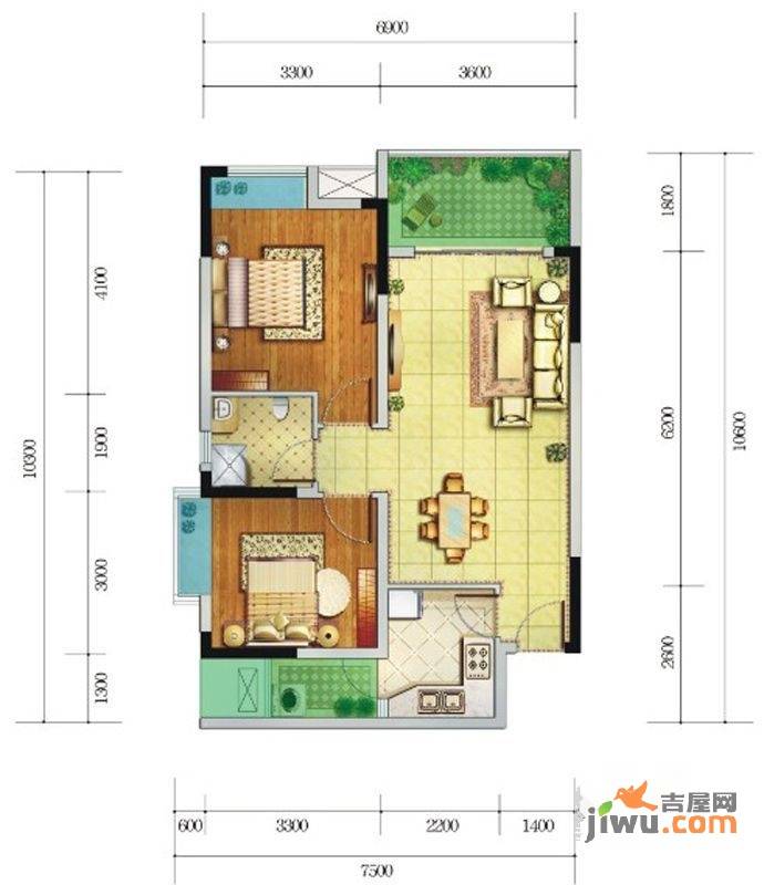 香颂湾2室2厅1卫74.7㎡户型图