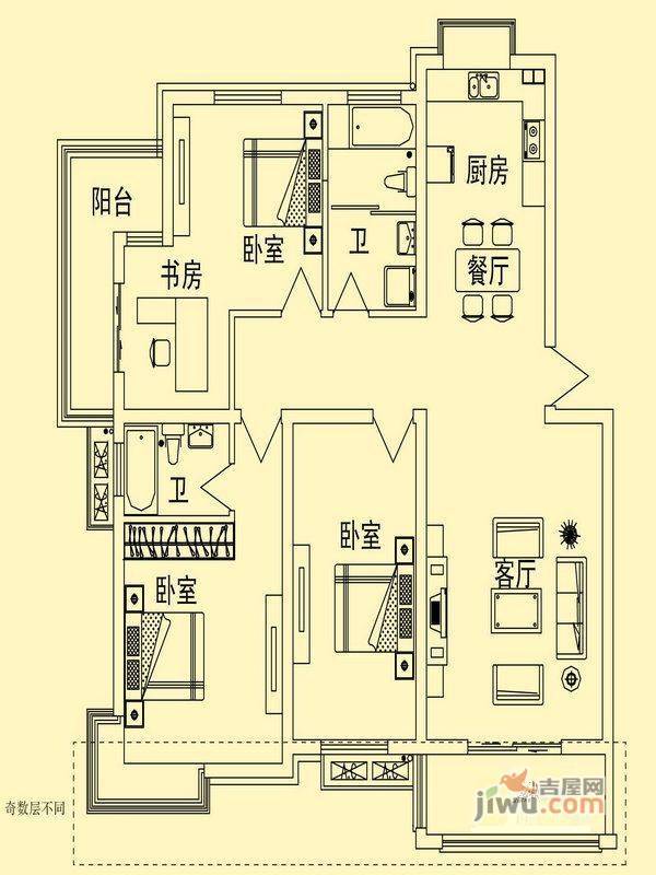 舜江碧水豪园3室2厅2卫130.7㎡户型图