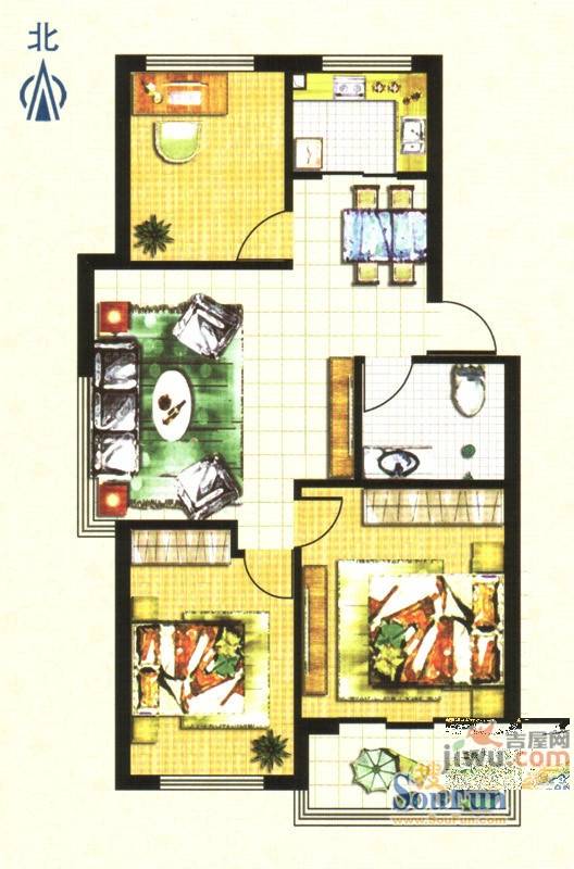 黄府家园3室2厅1卫78㎡户型图