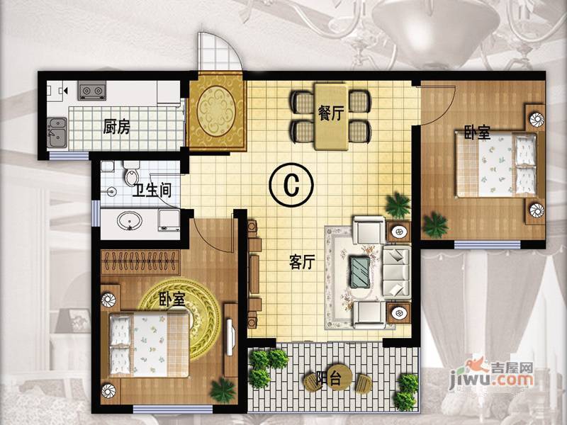 玉龙新天地2室2厅1卫80㎡户型图