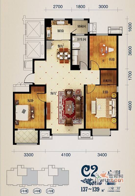 馨悦小区3室2厅1卫137㎡户型图