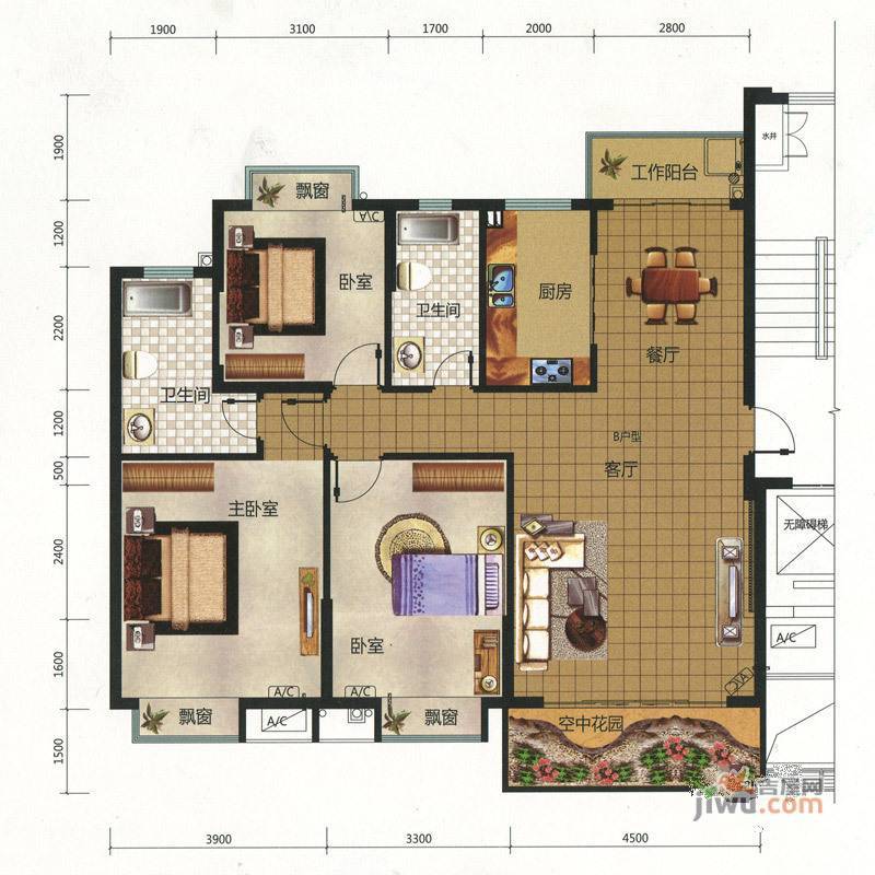 银古尚座3室2厅1卫128㎡户型图