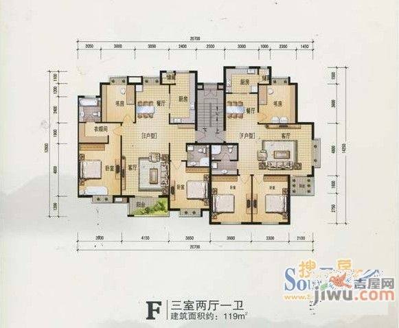 二月龙庭3室2厅1卫119㎡户型图