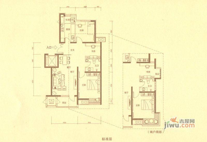 观湖一号3室3厅1卫95㎡户型图