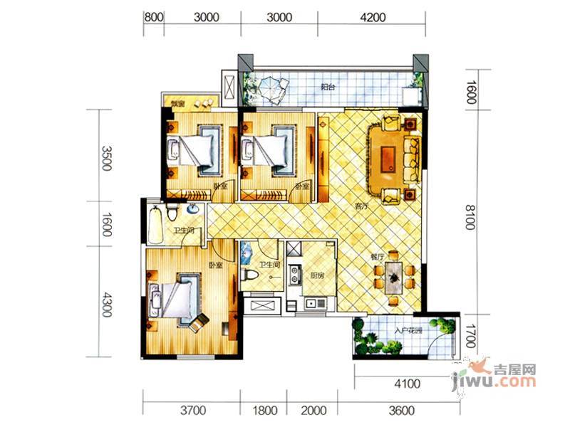 立煜漫城3室2厅2卫132.3㎡户型图